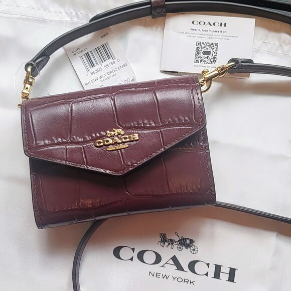 BNWT- Coach Mini Envelope Wallet with Strap in Merlot Crocodile Embossed Leather - Picture 1 of 11